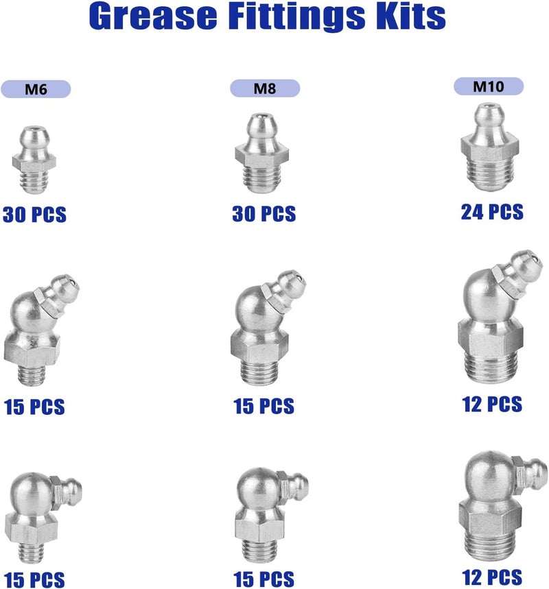 BUSY-CORNER 168 PCS Metric Hydraulic Grease Fittings Assortment, Grease Nipple Kit Standard With M6,M8,M10 Straight, 90 Degree, 45 Degree Angled - Image 2